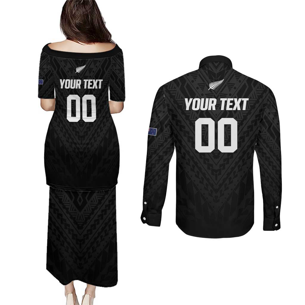 Custom Football New Zealand Couples Matching Puletasi and Long Sleeve Button Shirt Aotearoa United Black Version - Aussie Hoodie