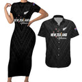 Custom Football New Zealand Couples Matching Short Sleeve Bodycon Dress and Hawaiian Shirt Aotearoa United Black Version - Aussie Hoodie