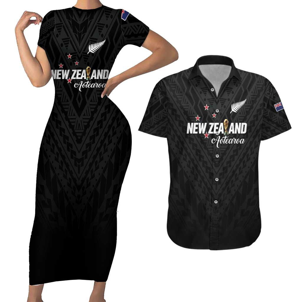 Custom Football New Zealand Couples Matching Short Sleeve Bodycon Dress and Hawaiian Shirt Aotearoa United Black Version - Aussie Hoodie