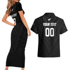 Custom Football New Zealand Couples Matching Short Sleeve Bodycon Dress and Hawaiian Shirt Aotearoa United Black Version - Aussie Hoodie