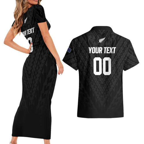 Custom Football New Zealand Couples Matching Short Sleeve Bodycon Dress and Hawaiian Shirt Aotearoa United Black Version - Aussie Hoodie