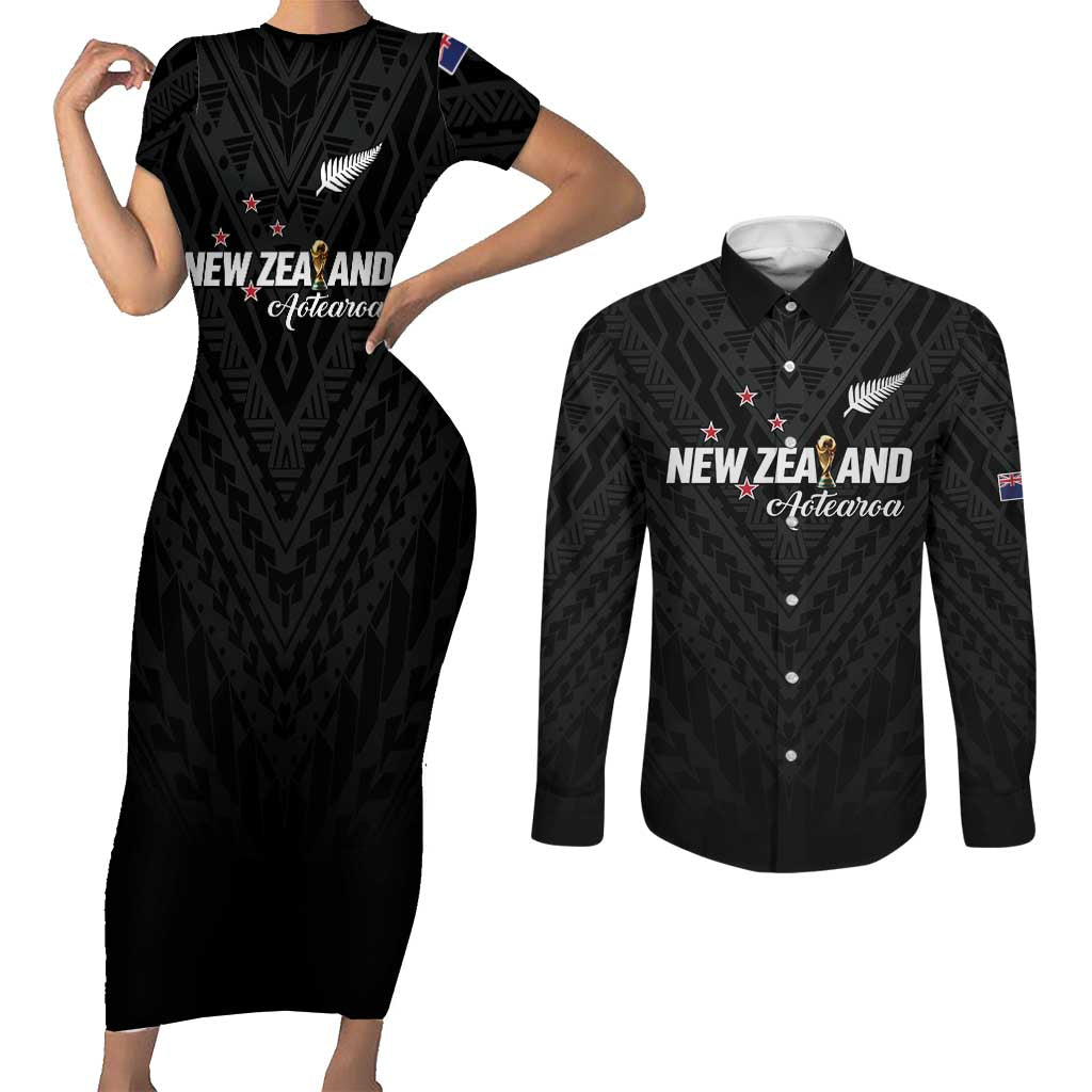 Custom Football New Zealand Couples Matching Short Sleeve Bodycon Dress and Long Sleeve Button Shirt Aotearoa United Black Version - Aussie Hoodie