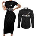 Custom Football New Zealand Couples Matching Short Sleeve Bodycon Dress and Long Sleeve Button Shirt Aotearoa United Black Version - Aussie Hoodie