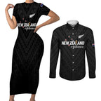 Custom Football New Zealand Couples Matching Short Sleeve Bodycon Dress and Long Sleeve Button Shirt Aotearoa United Black Version - Aussie Hoodie