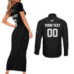 Custom Football New Zealand Couples Matching Short Sleeve Bodycon Dress and Long Sleeve Button Shirt Aotearoa United Black Version - Aussie Hoodie