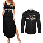 Custom Football New Zealand Couples Matching Summer Maxi Dress and Long Sleeve Button Shirt Aotearoa United Black Version - Aussie Hoodie