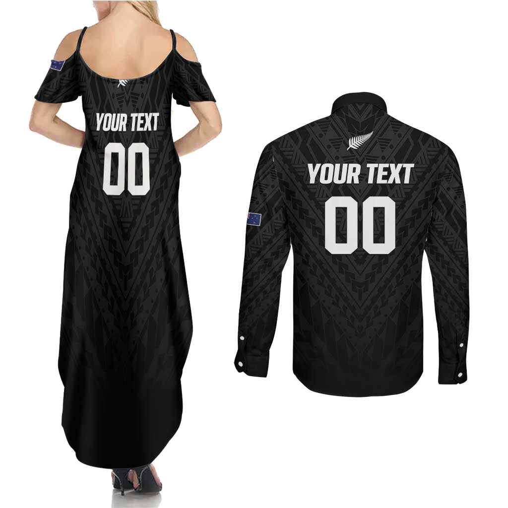 Custom Football New Zealand Couples Matching Summer Maxi Dress and Long Sleeve Button Shirt Aotearoa United Black Version - Aussie Hoodie