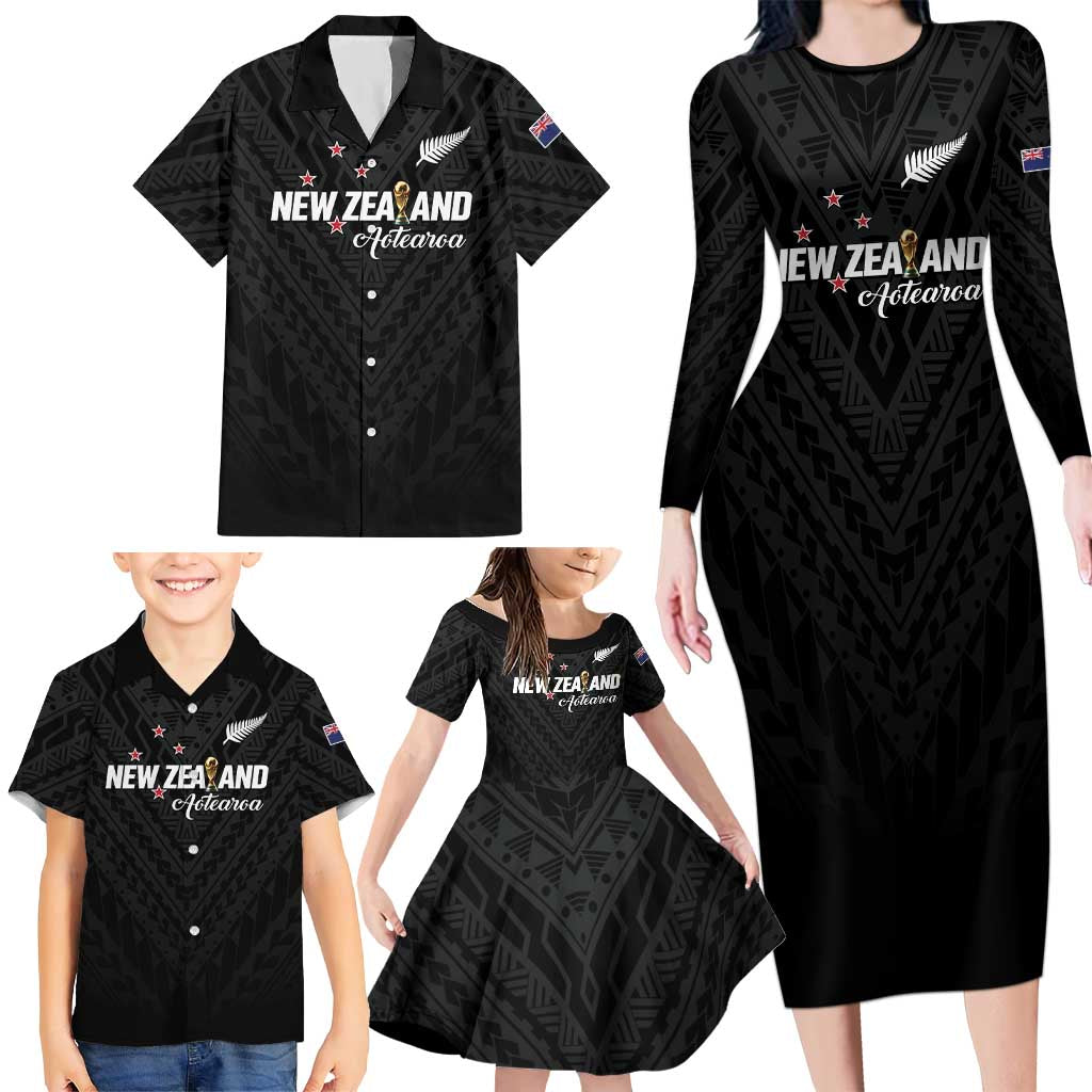 Custom Football New Zealand Family Matching Long Sleeve Bodycon Dress and Hawaiian Shirt Aotearoa United Black Version - Aussie Hoodie