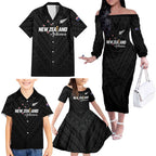 Custom Football New Zealand Family Matching Off The Shoulder Long Sleeve Dress and Hawaiian Shirt Aotearoa United Black Version - Aussie Hoodie