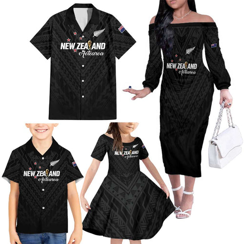 Custom Football New Zealand Family Matching Off The Shoulder Long Sleeve Dress and Hawaiian Shirt Aotearoa United Black Version - Aussie Hoodie