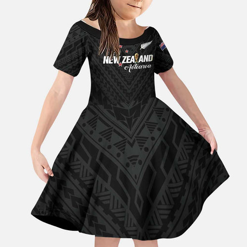 Custom Football New Zealand Family Matching Off The Shoulder Long Sleeve Dress and Hawaiian Shirt Aotearoa United Black Version - Aussie Hoodie