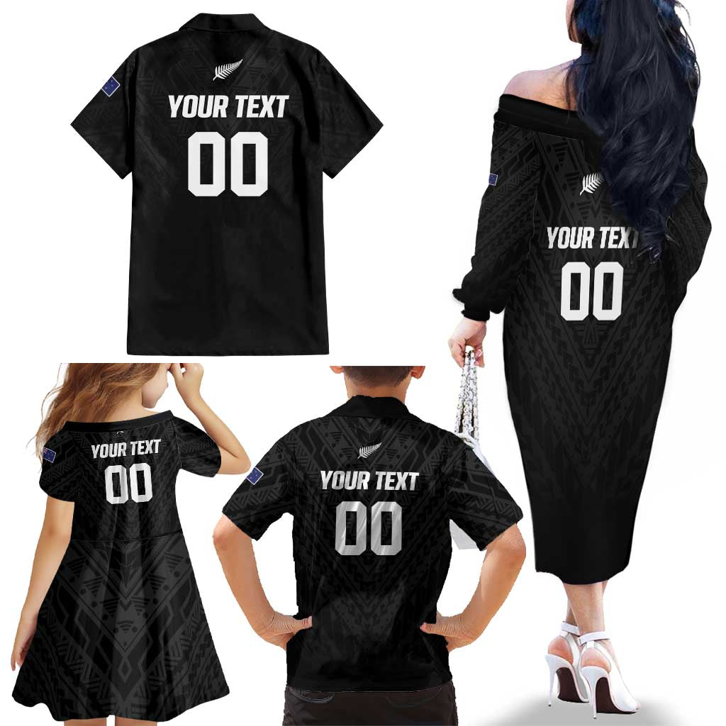 Custom Football New Zealand Family Matching Off The Shoulder Long Sleeve Dress and Hawaiian Shirt Aotearoa United Black Version - Aussie Hoodie