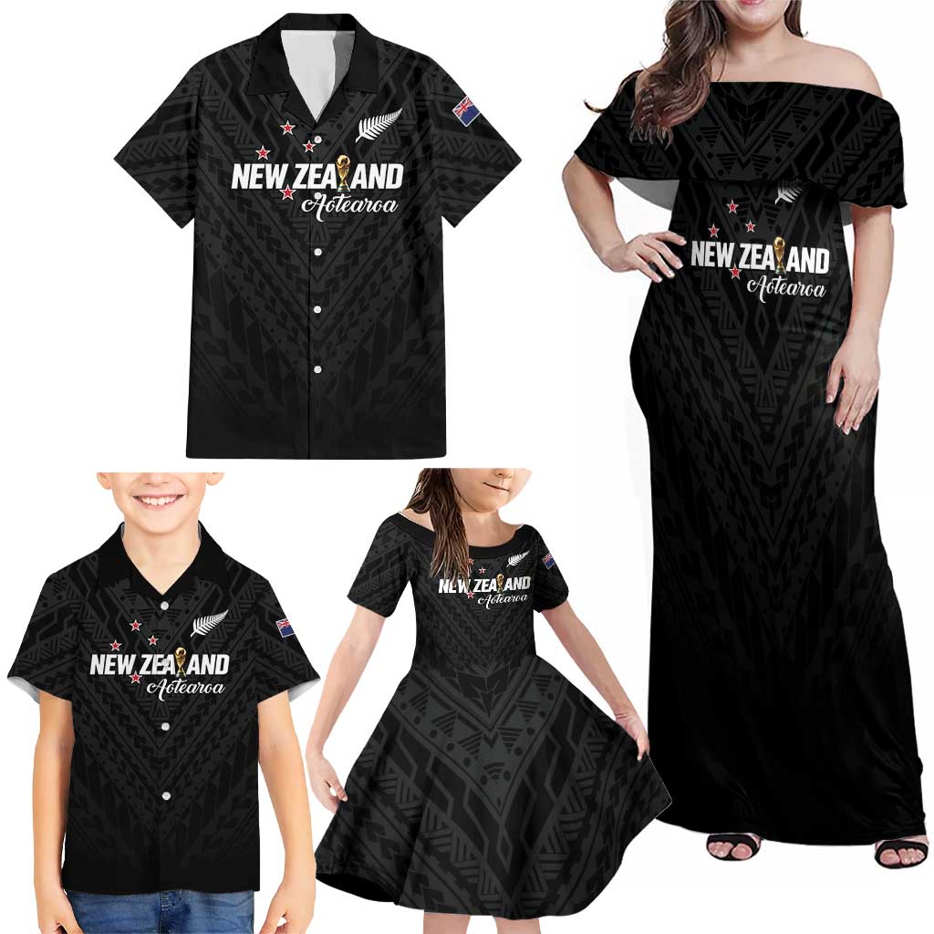 Custom Football New Zealand Family Matching Off Shoulder Maxi Dress and Hawaiian Shirt Aotearoa United Black Version - Aussie Hoodie