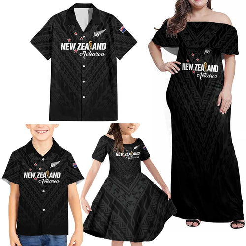 Custom Football New Zealand Family Matching Off Shoulder Maxi Dress and Hawaiian Shirt Aotearoa United Black Version - Aussie Hoodie