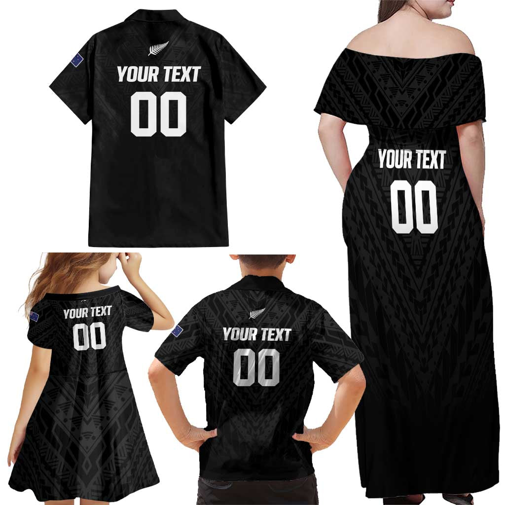 Custom Football New Zealand Family Matching Off Shoulder Maxi Dress and Hawaiian Shirt Aotearoa United Black Version - Aussie Hoodie
