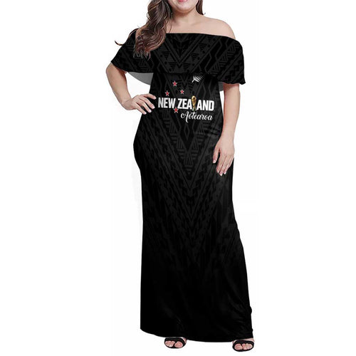 Custom Football New Zealand Family Matching Off Shoulder Maxi Dress and Hawaiian Shirt Aotearoa United Black Version - Aussie Hoodie