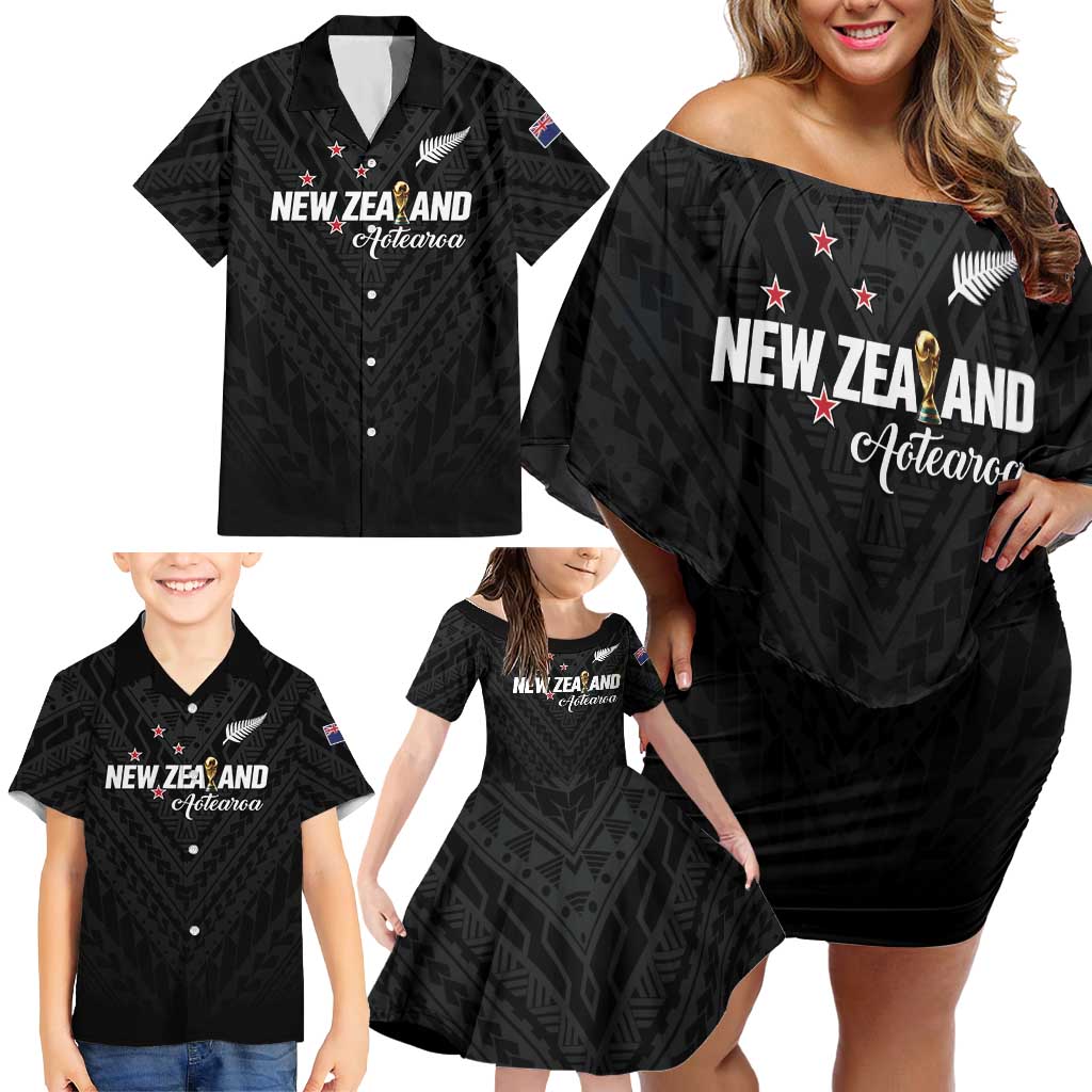 Custom Football New Zealand Family Matching Off Shoulder Short Dress and Hawaiian Shirt Aotearoa United Black Version - Aussie Hoodie