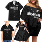 Custom Football New Zealand Family Matching Off Shoulder Short Dress and Hawaiian Shirt Aotearoa United Black Version - Aussie Hoodie
