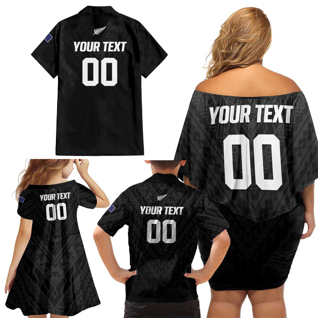 Custom Football New Zealand Family Matching Off Shoulder Short Dress and Hawaiian Shirt Aotearoa United Black Version - Aussie Hoodie