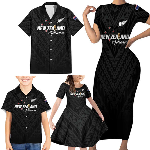 Custom Football New Zealand Family Matching Short Sleeve Bodycon Dress and Hawaiian Shirt Aotearoa United Black Version - Aussie Hoodie