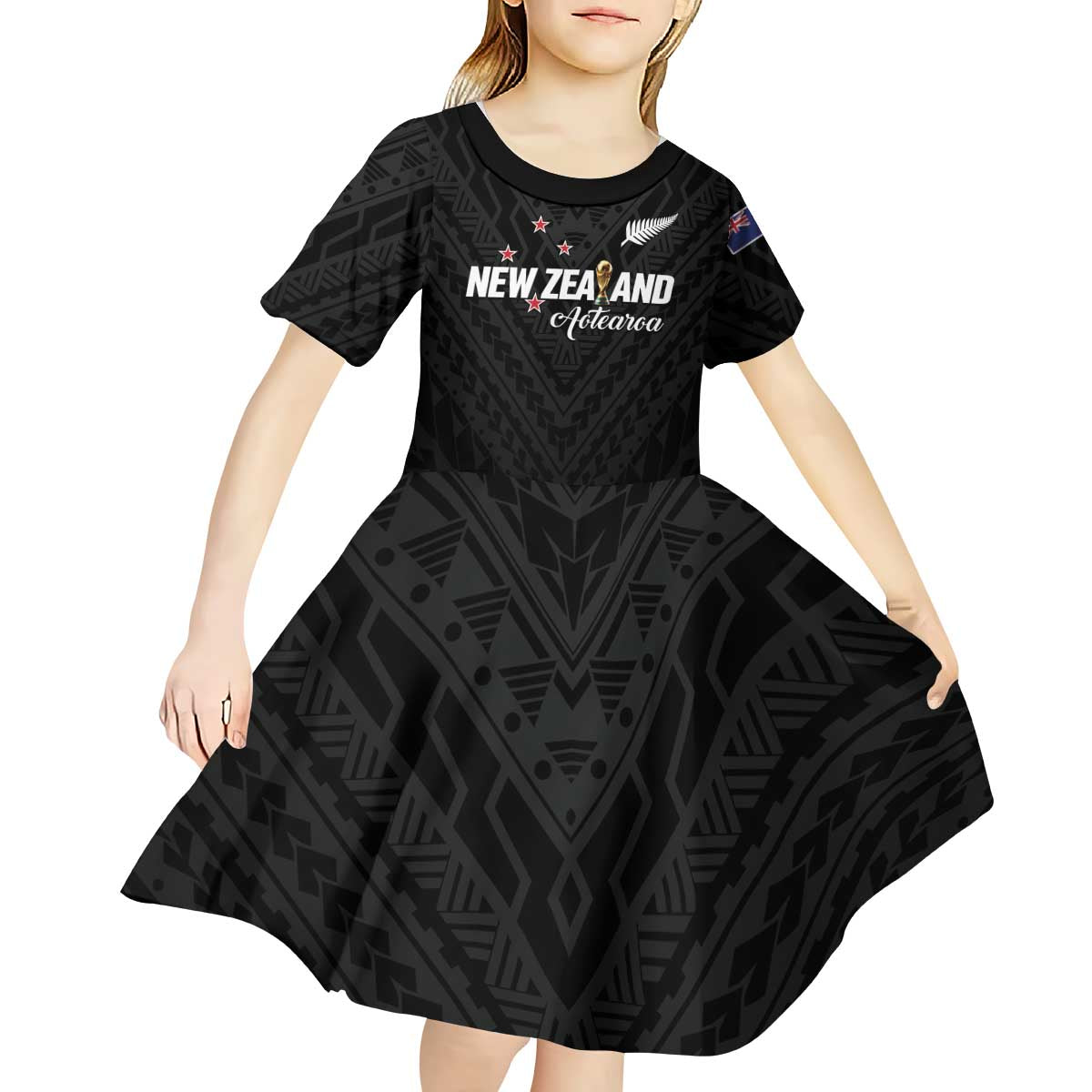 Custom Football New Zealand Kid Short Sleeve Dress Aotearoa United Black Version - Aussie Hoodie