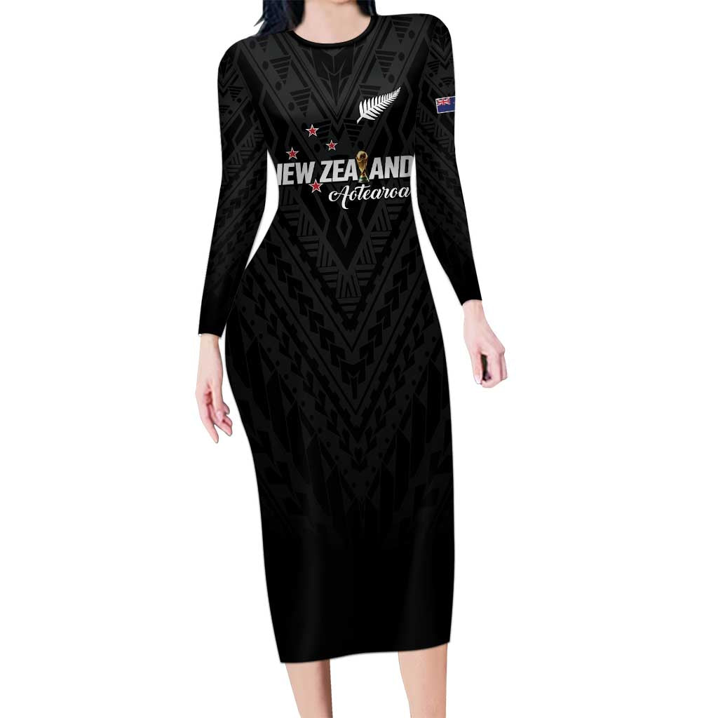 Custom Football New Zealand Long Sleeve Bodycon Dress Aotearoa United Black Version - Aussie Hoodie