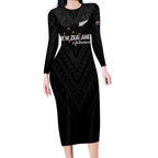 Custom Football New Zealand Long Sleeve Bodycon Dress Aotearoa United Black Version - Aussie Hoodie