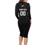 Custom Football New Zealand Long Sleeve Bodycon Dress Aotearoa United Black Version - Aussie Hoodie