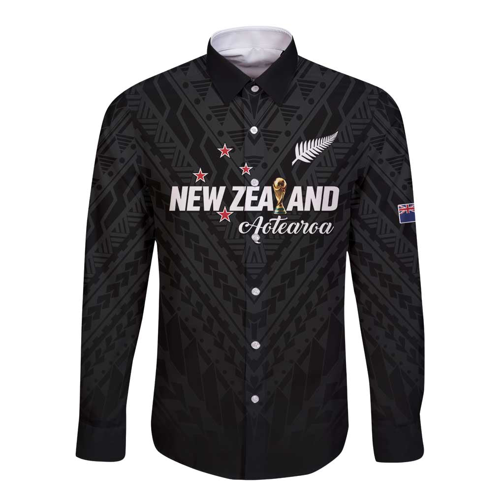 Custom Football New Zealand Long Sleeve Button Shirt Aotearoa United Black Version - Aussie Hoodie
