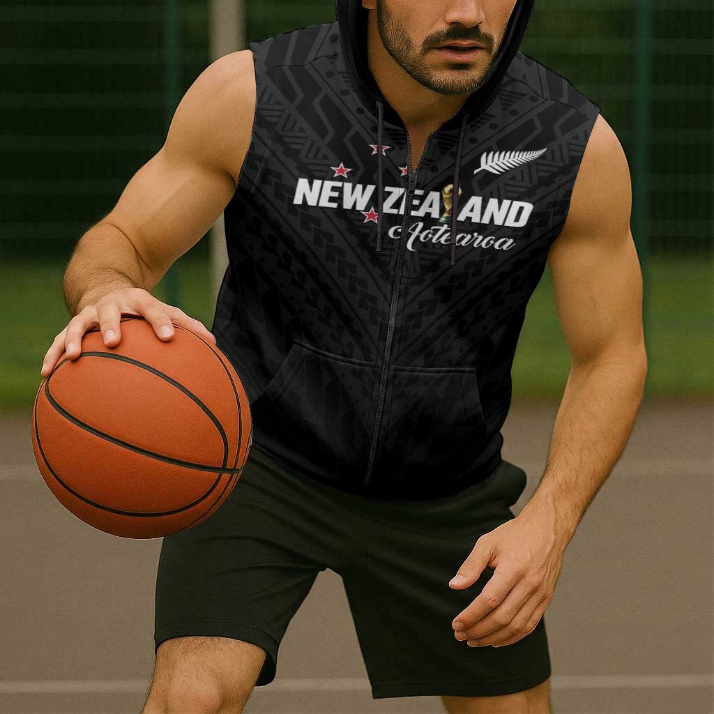 Custom Football New Zealand Sleeveless Zip Hoodie Aotearoa United Black Version - Aussie Hoodie