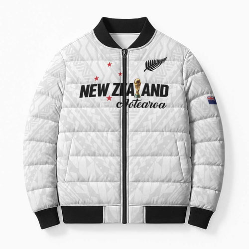 Custom Football New Zealand Bomber Puffer Jacket Aotearoa United White Version - Aussie Hoodie