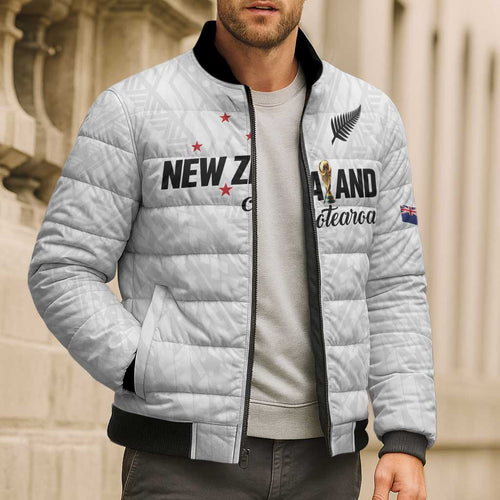 Custom Football New Zealand Bomber Puffer Jacket Aotearoa United White Version - Aussie Hoodie