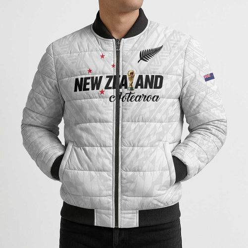 Custom Football New Zealand Bomber Puffer Jacket Aotearoa United White Version - Aussie Hoodie