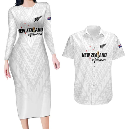 Custom Football New Zealand Couples Matching Long Sleeve Bodycon Dress and Hawaiian Shirt Aotearoa United White Version - Aussie Hoodie