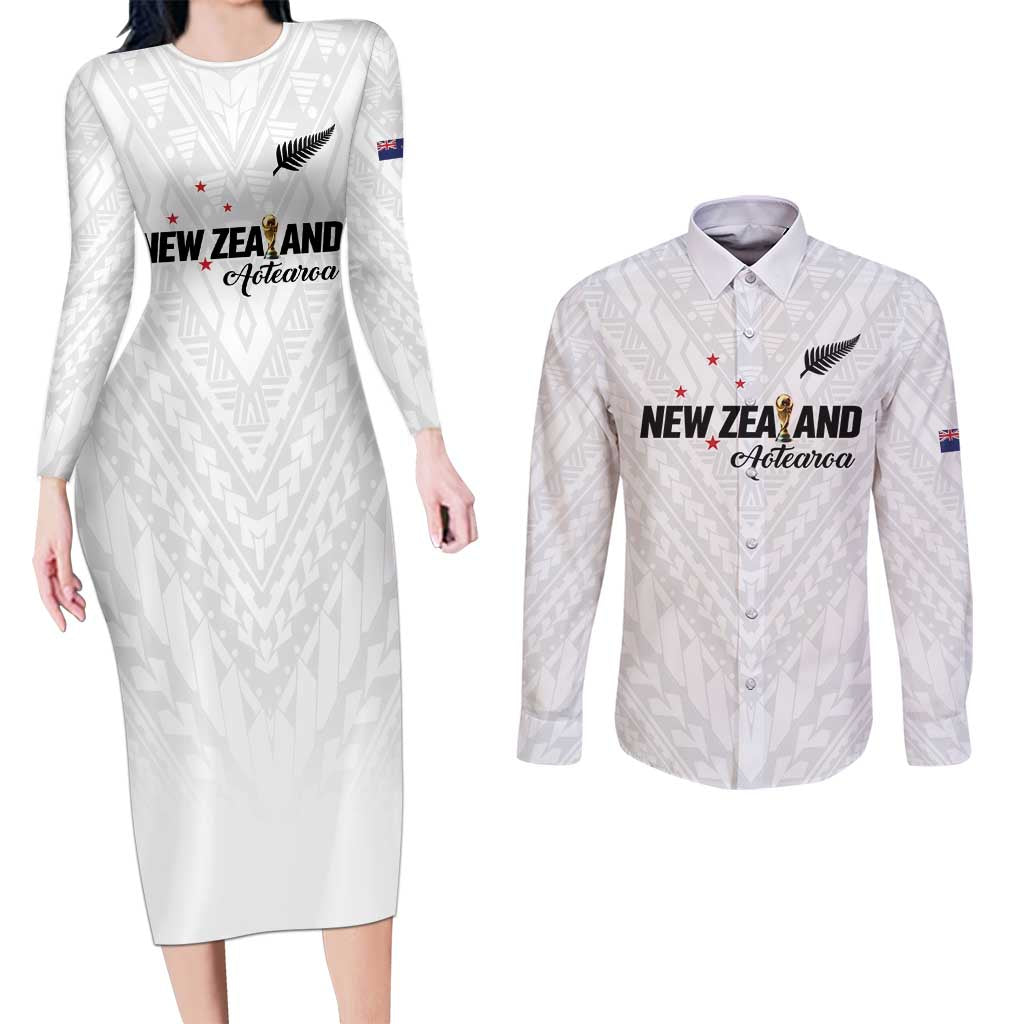 Custom Football New Zealand Couples Matching Long Sleeve Bodycon Dress and Long Sleeve Button Shirt Aotearoa United White Version - Aussie Hoodie