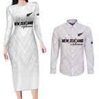 Custom Football New Zealand Couples Matching Long Sleeve Bodycon Dress and Long Sleeve Button Shirt Aotearoa United White Version - Aussie Hoodie
