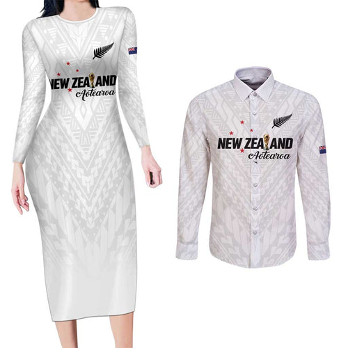 Custom Football New Zealand Couples Matching Long Sleeve Bodycon Dress and Long Sleeve Button Shirt Aotearoa United White Version - Aussie Hoodie