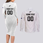 Custom Football New Zealand Couples Matching Long Sleeve Bodycon Dress and Long Sleeve Button Shirt Aotearoa United White Version - Aussie Hoodie