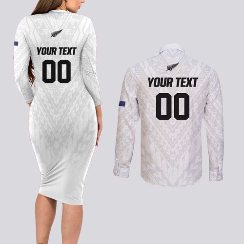 Custom Football New Zealand Couples Matching Long Sleeve Bodycon Dress and Long Sleeve Button Shirt Aotearoa United White Version - Aussie Hoodie