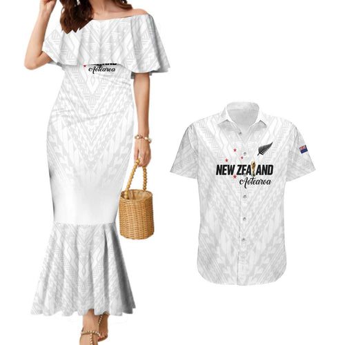 Custom Football New Zealand Couples Matching Mermaid Dress and Hawaiian Shirt Aotearoa United White Version - Aussie Hoodie