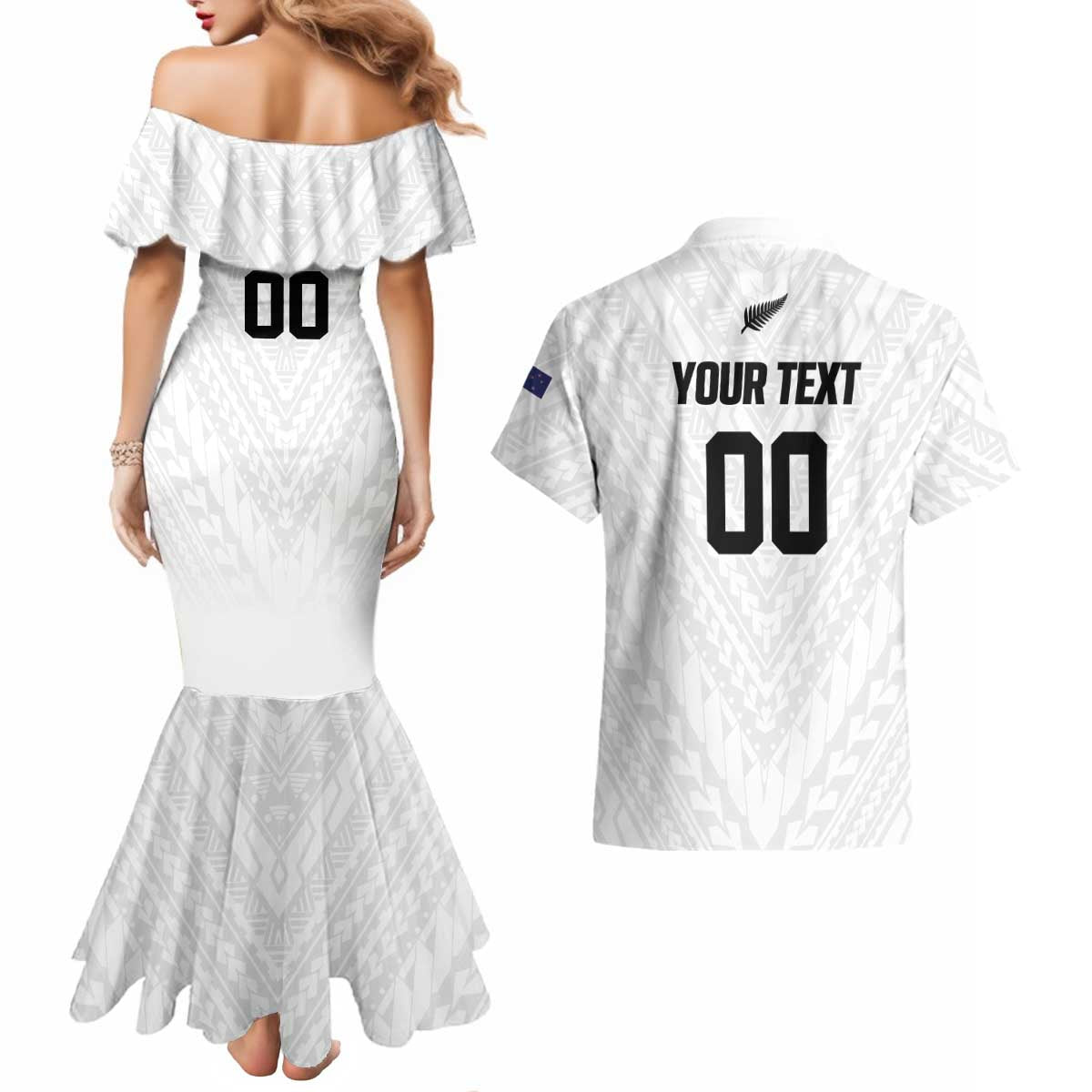 Custom Football New Zealand Couples Matching Mermaid Dress and Hawaiian Shirt Aotearoa United White Version - Aussie Hoodie