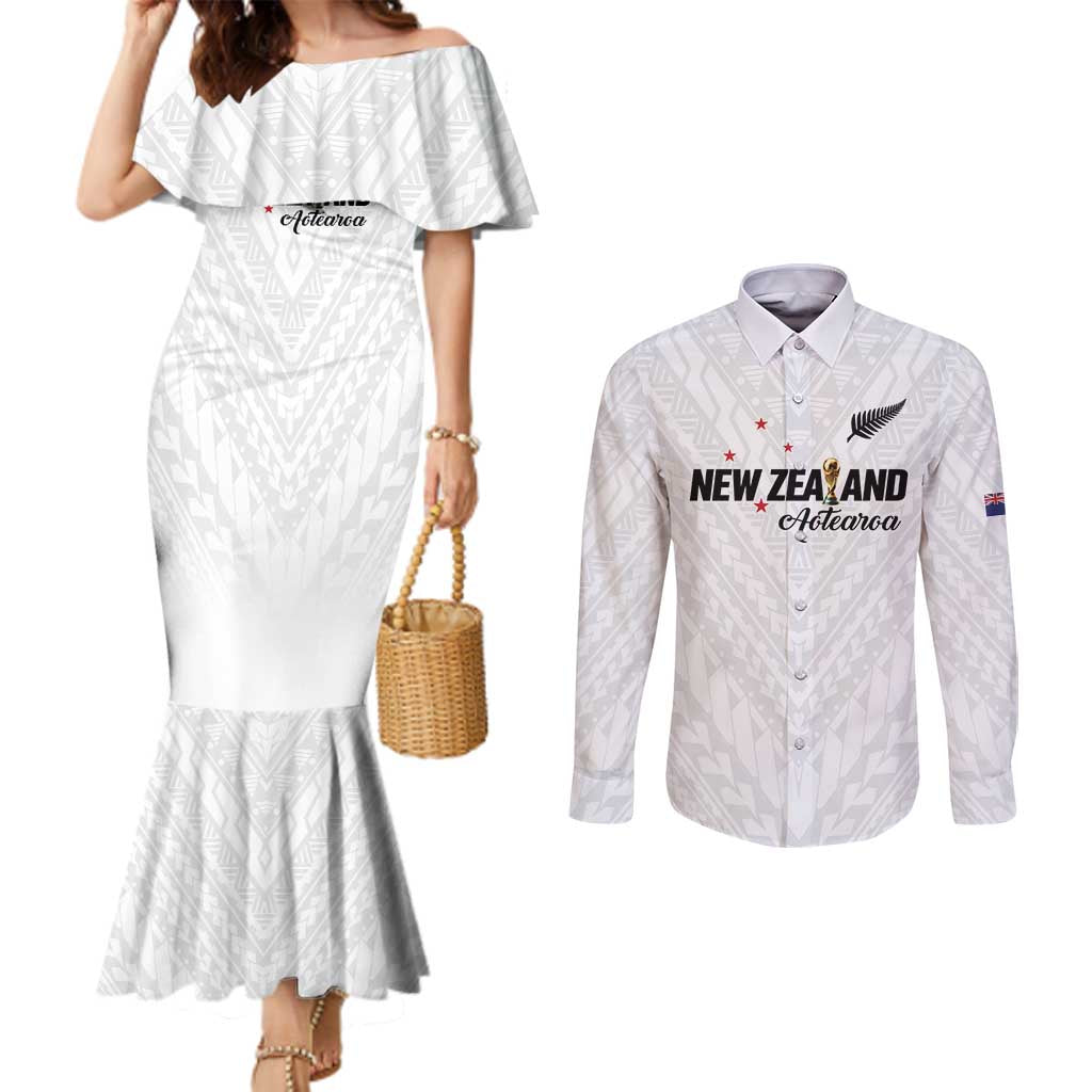 Custom Football New Zealand Couples Matching Mermaid Dress and Long Sleeve Button Shirt Aotearoa United White Version - Aussie Hoodie