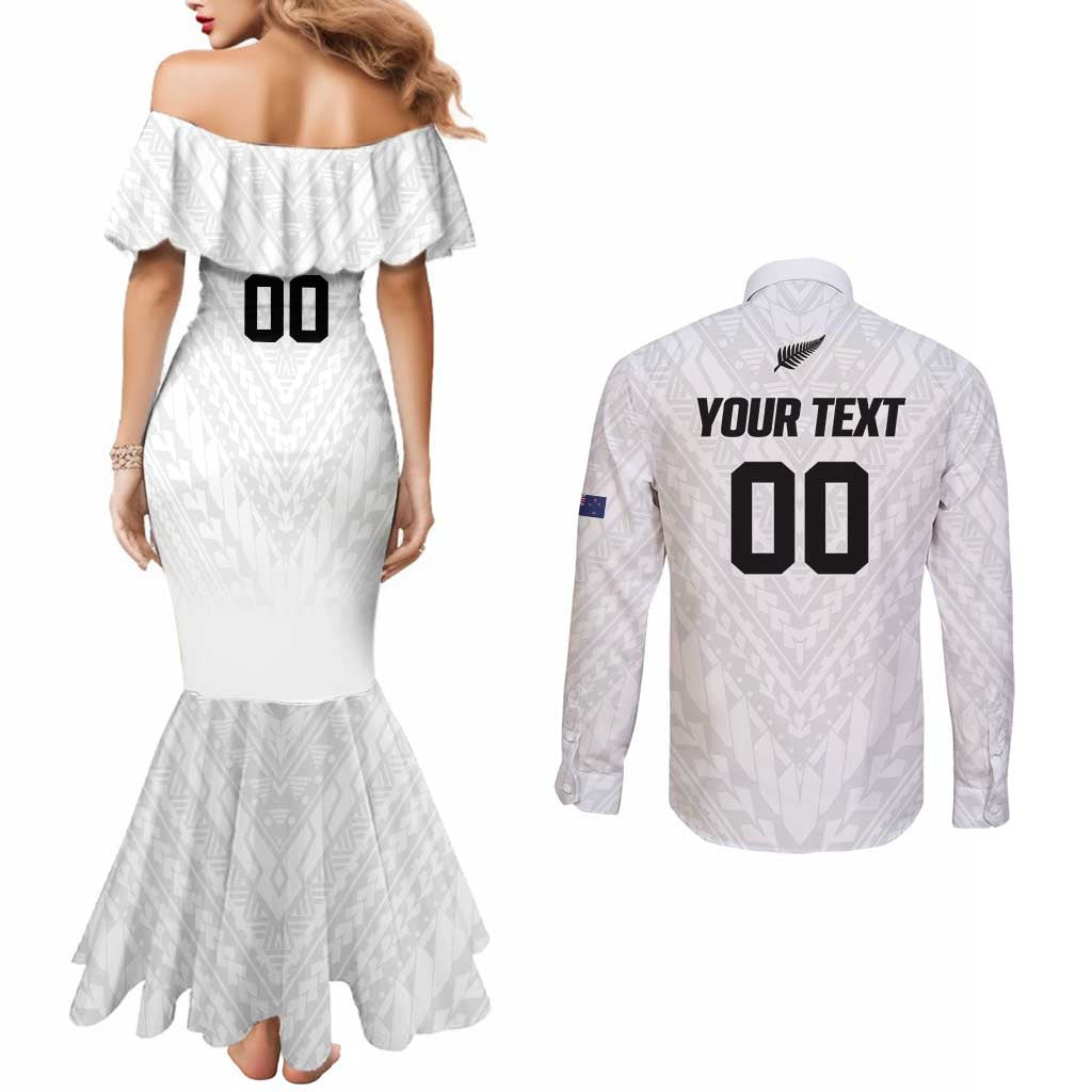 Custom Football New Zealand Couples Matching Mermaid Dress and Long Sleeve Button Shirt Aotearoa United White Version - Aussie Hoodie