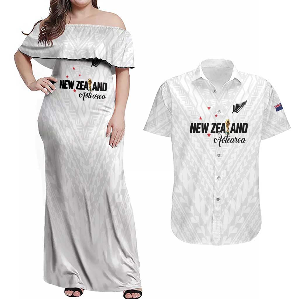 Custom Football New Zealand Couples Matching Off Shoulder Maxi Dress and Hawaiian Shirt Aotearoa United White Version - Aussie Hoodie