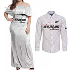 Custom Football New Zealand Couples Matching Off Shoulder Maxi Dress and Long Sleeve Button Shirt Aotearoa United White Version - Aussie Hoodie