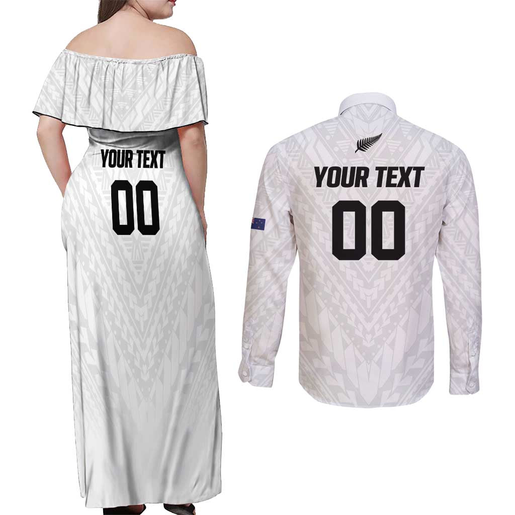 Custom Football New Zealand Couples Matching Off Shoulder Maxi Dress and Long Sleeve Button Shirt Aotearoa United White Version - Aussie Hoodie