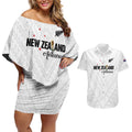 Custom Football New Zealand Couples Matching Off Shoulder Short Dress and Hawaiian Shirt Aotearoa United White Version - Aussie Hoodie