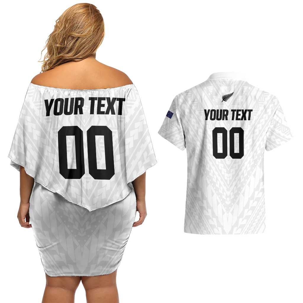 Custom Football New Zealand Couples Matching Off Shoulder Short Dress and Hawaiian Shirt Aotearoa United White Version - Aussie Hoodie