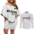 Custom Football New Zealand Couples Matching Off Shoulder Short Dress and Long Sleeve Button Shirt Aotearoa United White Version - Aussie Hoodie