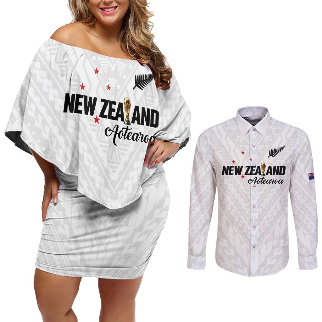 Custom Football New Zealand Couples Matching Off Shoulder Short Dress and Long Sleeve Button Shirt Aotearoa United White Version - Aussie Hoodie